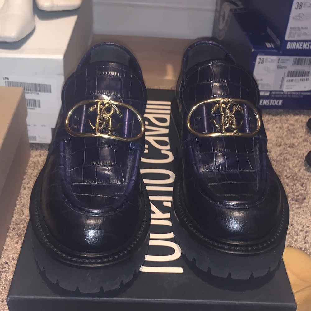 Roberto Cavalli Blue Croc-Embossed Loafers with Gold Buckle
